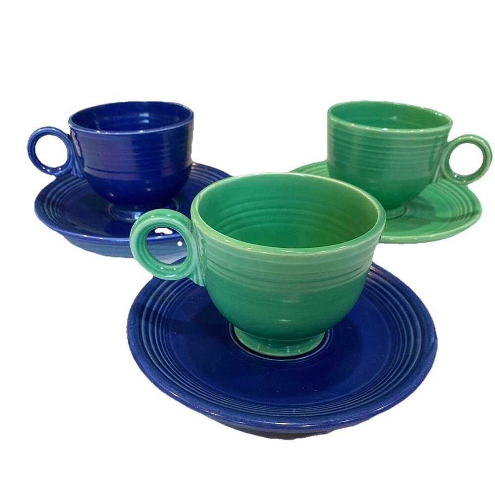 3 Fiesta Vintage Cobalt & Medium Green Coffee Tea Cups Ring Handle With Saucers